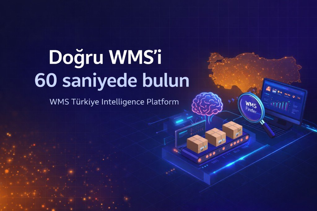 WMS Finder: depo, veri ekranı ve zekâ illüstrasyonu
